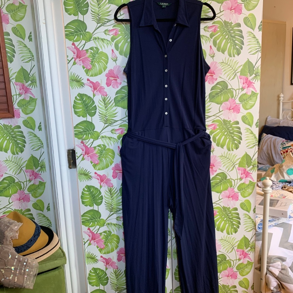 Collared button-down tie-waist wide-leg jumpsuit